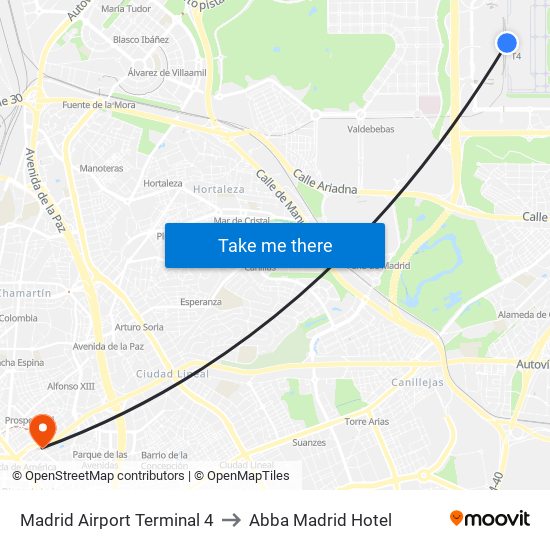 Madrid Airport Terminal 4 to Abba Madrid Hotel map