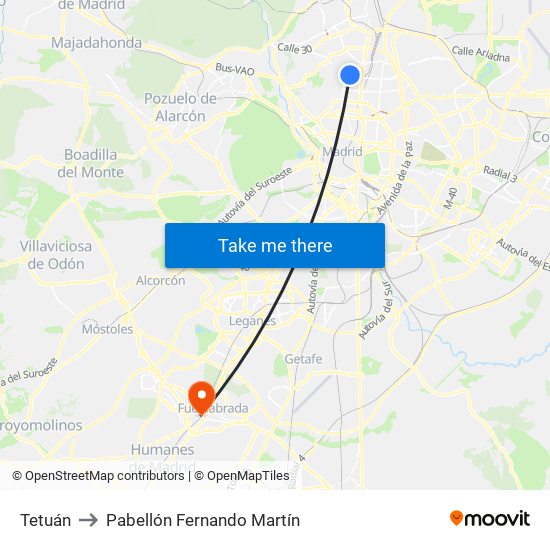 Tetuán to Pabellón Fernando Martín map