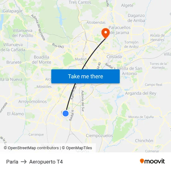 Parla to Aeropuerto T4 map