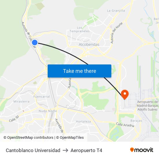 Cantoblanco Universidad to Aeropuerto T4 map