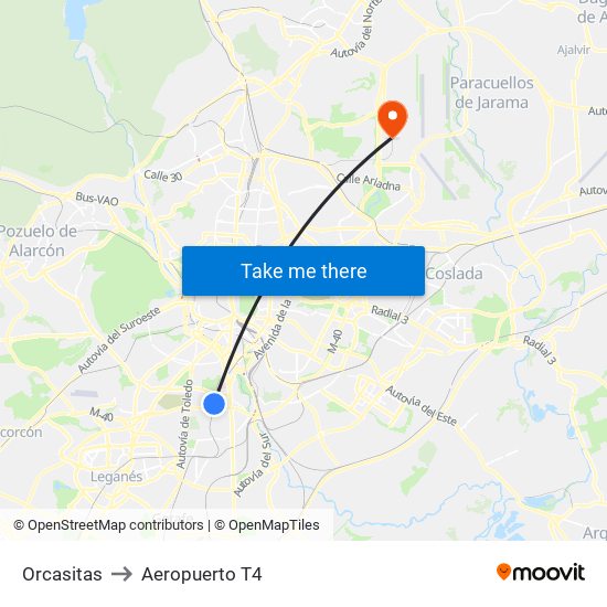 Orcasitas to Aeropuerto T4 map