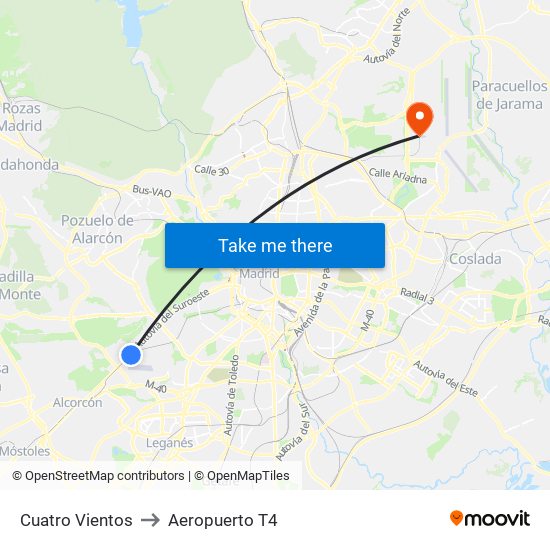 Cuatro Vientos to Aeropuerto T4 map