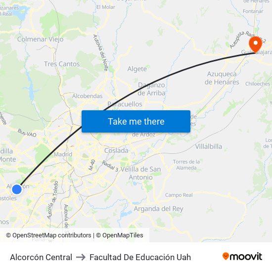 Alcorcón Central to Facultad De Educación Uah map