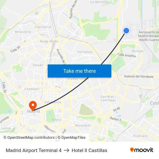 Madrid Airport Terminal 4 to Hotel II Castillas map