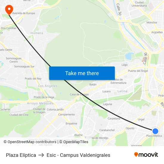 Plaza Elíptica to Esic - Campus Valdenigrales map