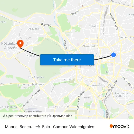 Manuel Becerra to Esic - Campus Valdenigrales map