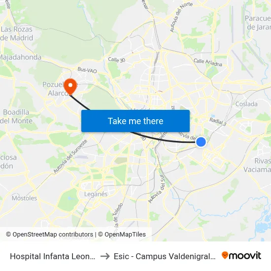Hospital Infanta Leonor to Esic - Campus Valdenigrales map