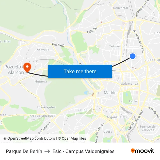 Parque De Berlín to Esic - Campus Valdenigrales map