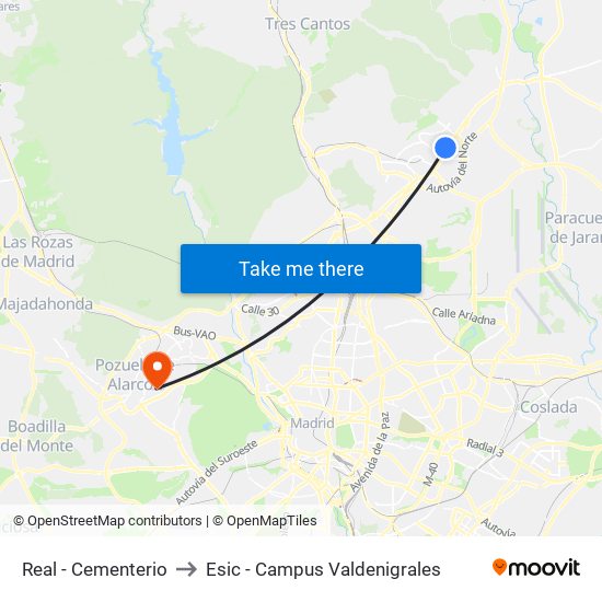 Real - Cementerio to Esic - Campus Valdenigrales map