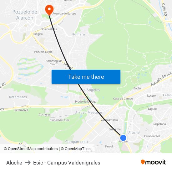 Aluche to Esic - Campus Valdenigrales map