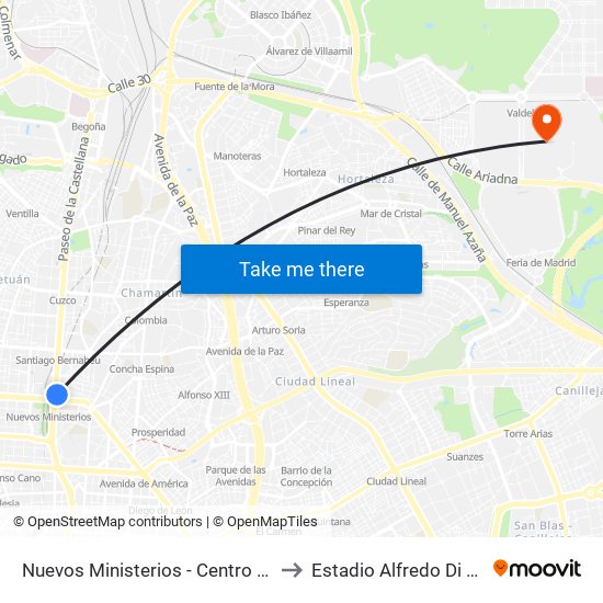 Nuevos Ministerios - Centro Comercial to Estadio Alfredo Di Stefano map