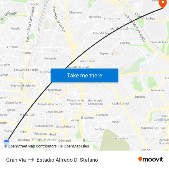Gran Vía to Estadio Alfredo Di Stefano map
