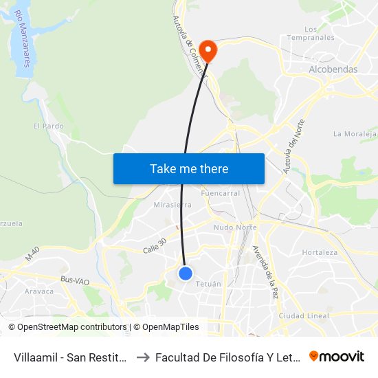 Villaamil - San Restituto to Facultad De Filosofía Y Letras map