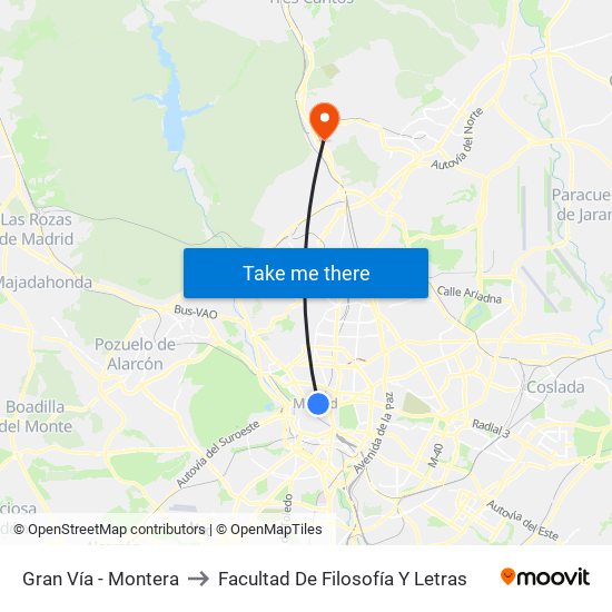 Gran Vía - Montera to Facultad De Filosofía Y Letras map