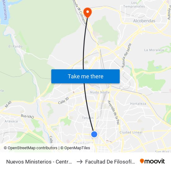Nuevos Ministerios - Centro Comercial to Facultad De Filosofía Y Letras map