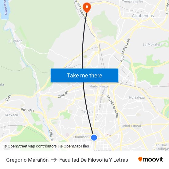 Gregorio Marañón to Facultad De Filosofía Y Letras map