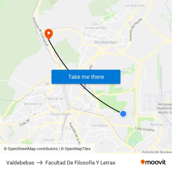 Valdebebas to Facultad De Filosofía Y Letras map