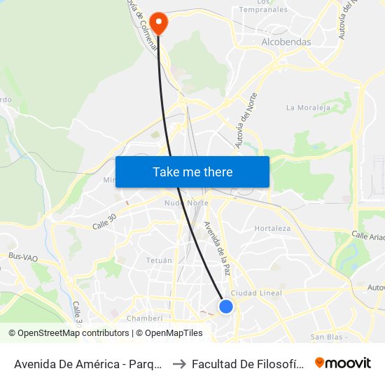 Avenida De América - Parque Avenidas to Facultad De Filosofía Y Letras map