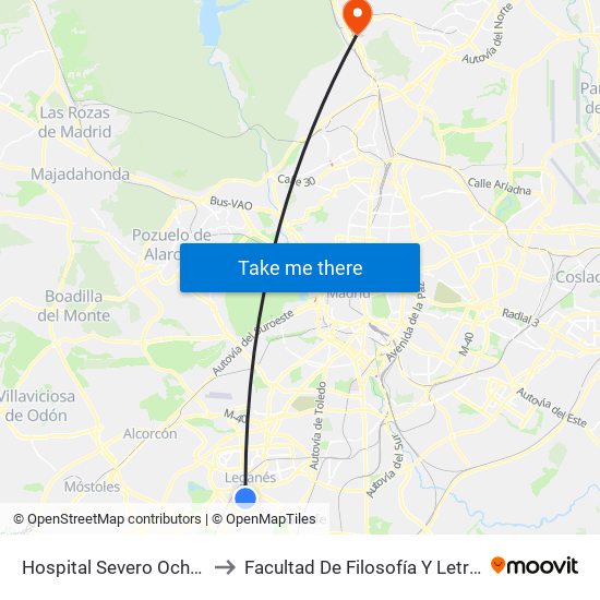 Hospital Severo Ochoa to Facultad De Filosofía Y Letras map