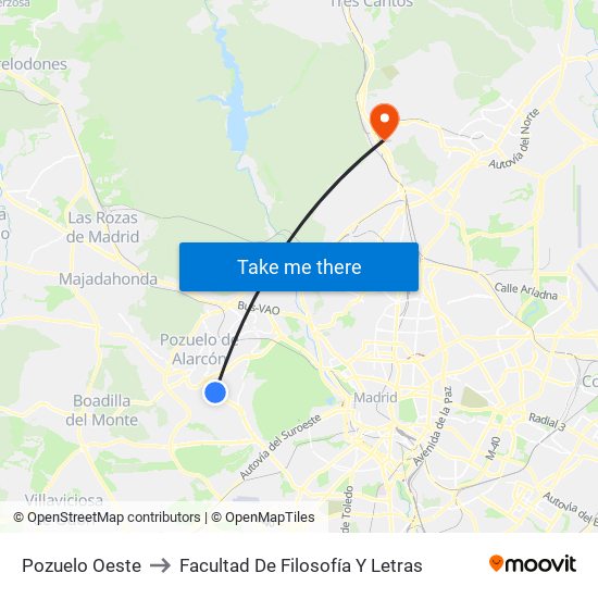 Pozuelo Oeste to Facultad De Filosofía Y Letras map