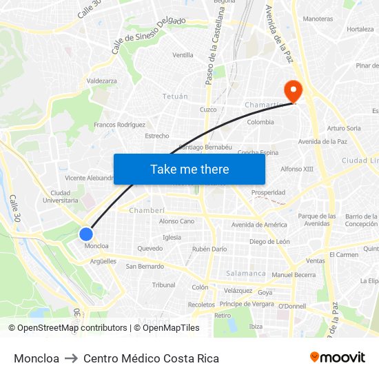 Moncloa to Centro Médico Costa Rica map