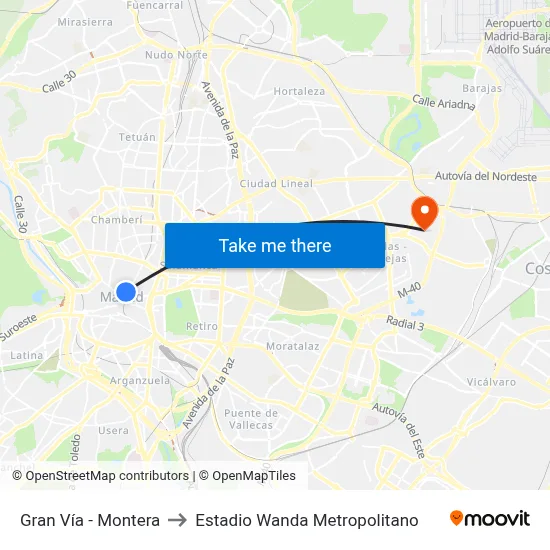 Gran Vía - Montera to Estadio Wanda Metropolitano map