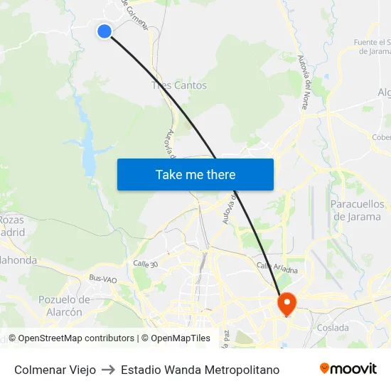 Colmenar Viejo to Estadio Wanda Metropolitano map