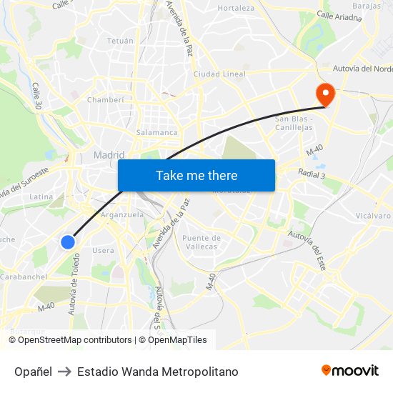 Opañel to Estadio Wanda Metropolitano map