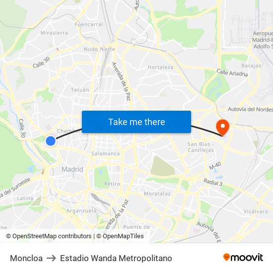 Moncloa to Estadio Wanda Metropolitano map