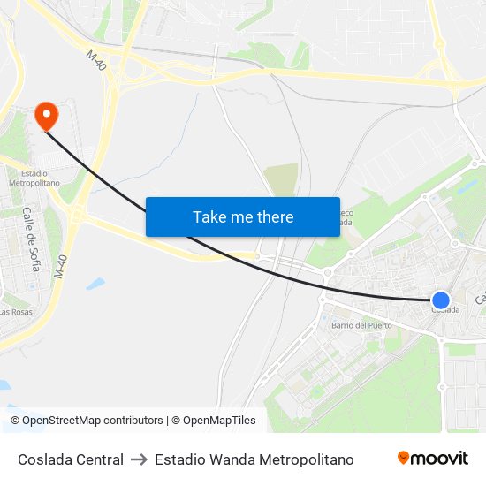 Coslada Central to Estadio Wanda Metropolitano map