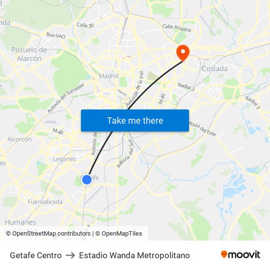 Getafe Centro to Estadio Wanda Metropolitano map