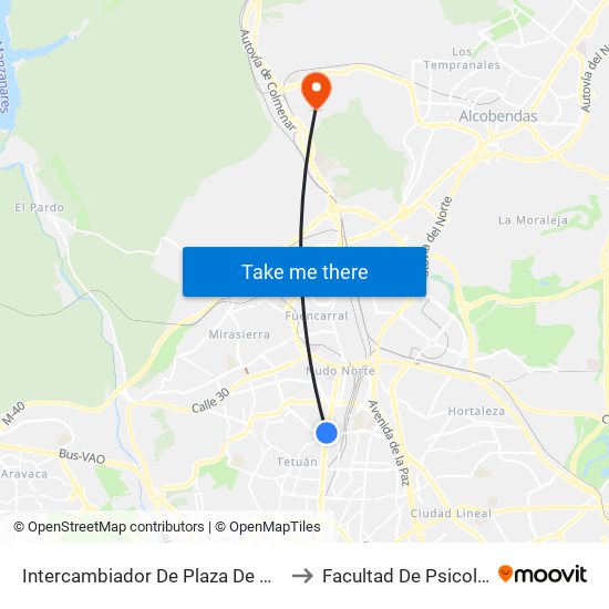 Intercambiador De Plaza De Castilla to Facultad De Psicología map