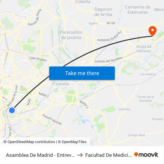 Asamblea De Madrid - Entrevías to Facultad De Medicina map