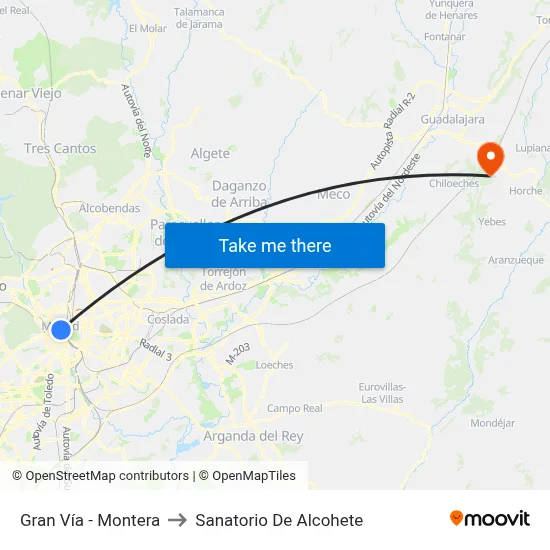 Gran Vía - Montera to Sanatorio De Alcohete map