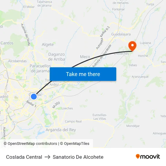 Coslada Central to Sanatorio De Alcohete map