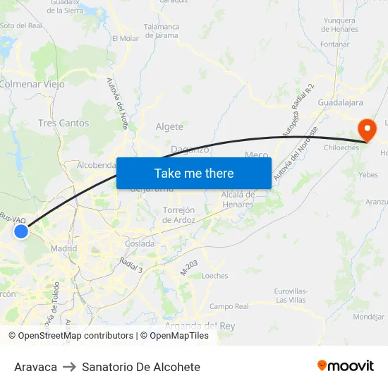 Aravaca to Sanatorio De Alcohete map