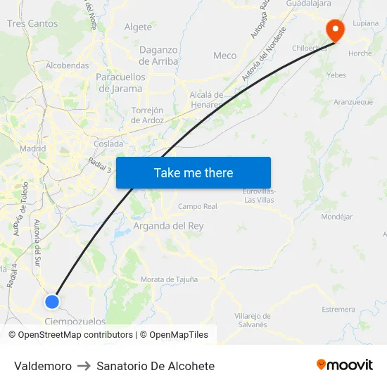 Valdemoro to Sanatorio De Alcohete map