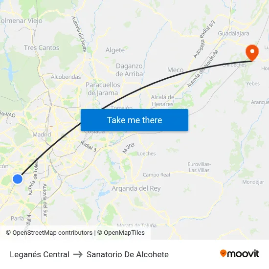 Leganés Central to Sanatorio De Alcohete map