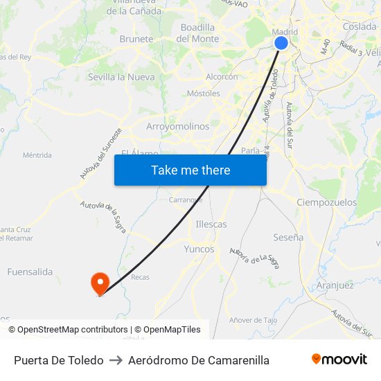 Puerta De Toledo to Aeródromo De Camarenilla map