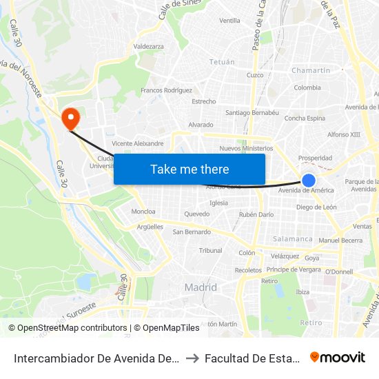 Intercambiador De Avenida De América to Facultad De Estadística map