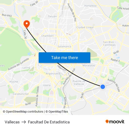 Vallecas to Facultad De Estadística map