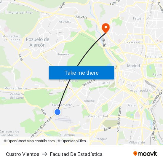 Cuatro Vientos to Facultad De Estadística map