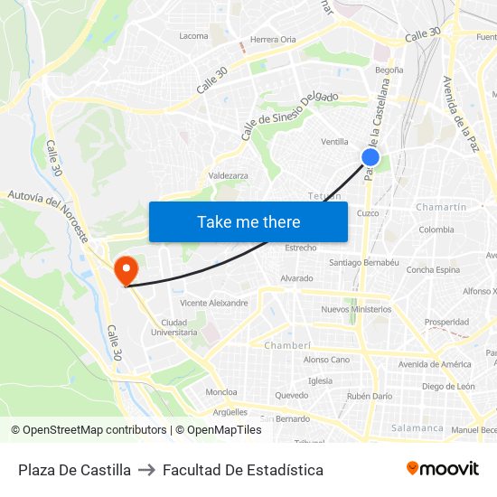 Plaza De Castilla to Facultad De Estadística map