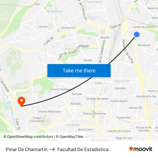 Pinar De Chamartín to Facultad De Estadística map