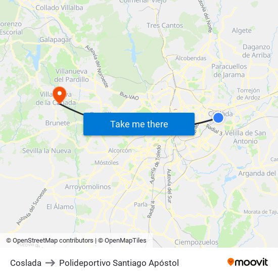 Coslada to Polideportivo Santiago Apóstol map