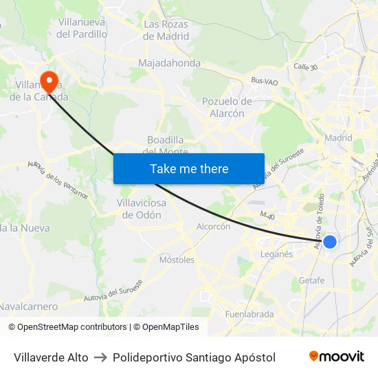 Villaverde Alto to Polideportivo Santiago Apóstol map
