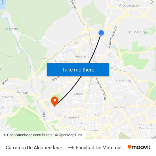Carretera De Alcobendas - M40 to Facultad De Matemáticas map