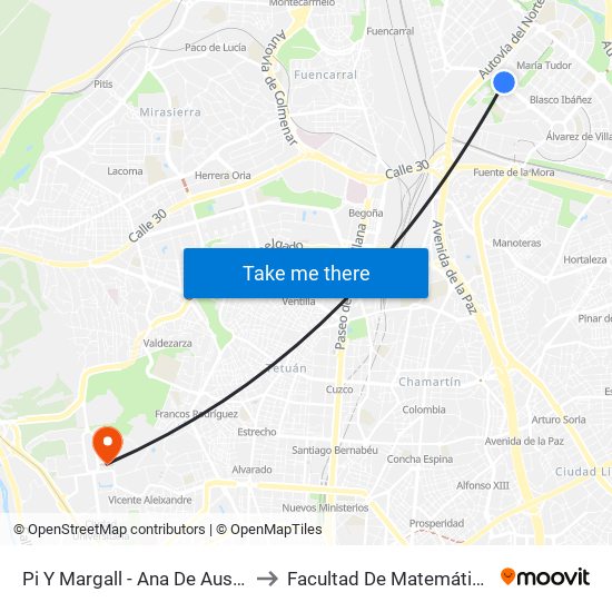 Pi Y Margall - Ana De Austria to Facultad De Matemáticas map