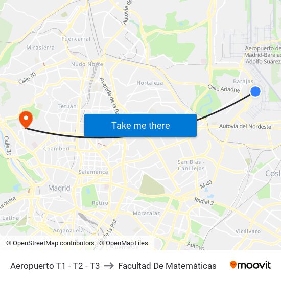 Aeropuerto T1 - T2 - T3 to Facultad De Matemáticas map