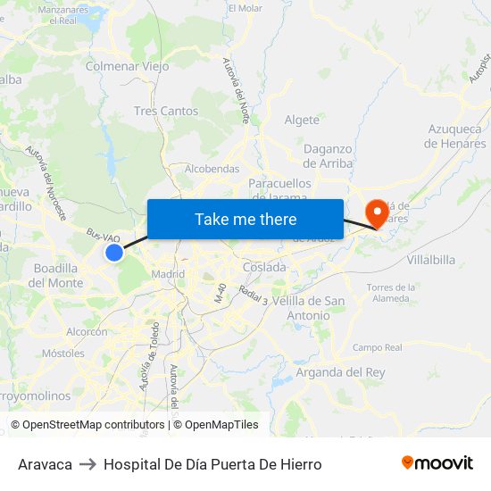 Aravaca to Hospital De Día Puerta De Hierro map